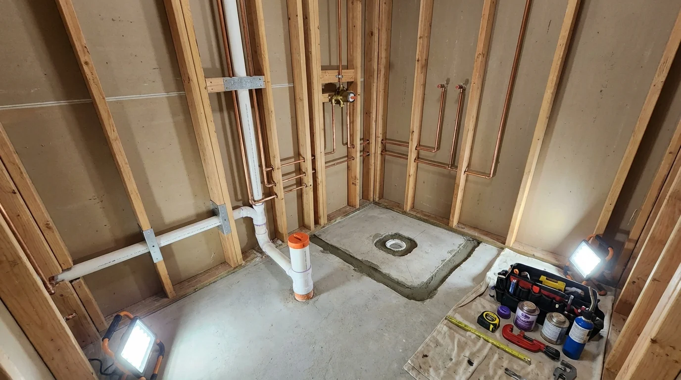 Bathroom rough-in plumbing during remodel by Johns Plumbing LLC in North Baltimore