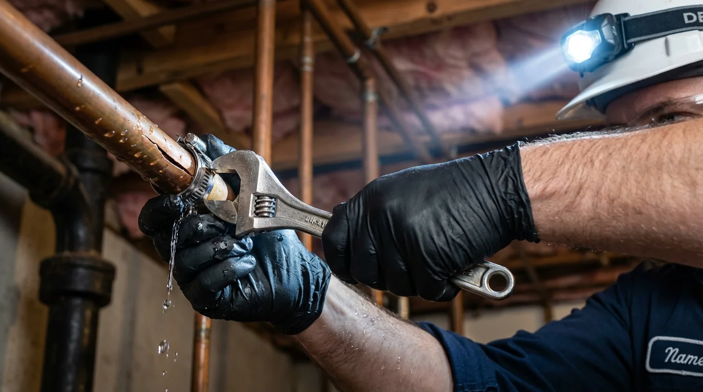 Emergency pipe clamp repair being performed by a Johns Plumbing LLC plumber in North Baltimore