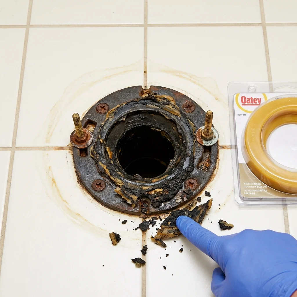 Failed wax ring showing water seepage at the base of a toilet in a North Baltimore, OH home
