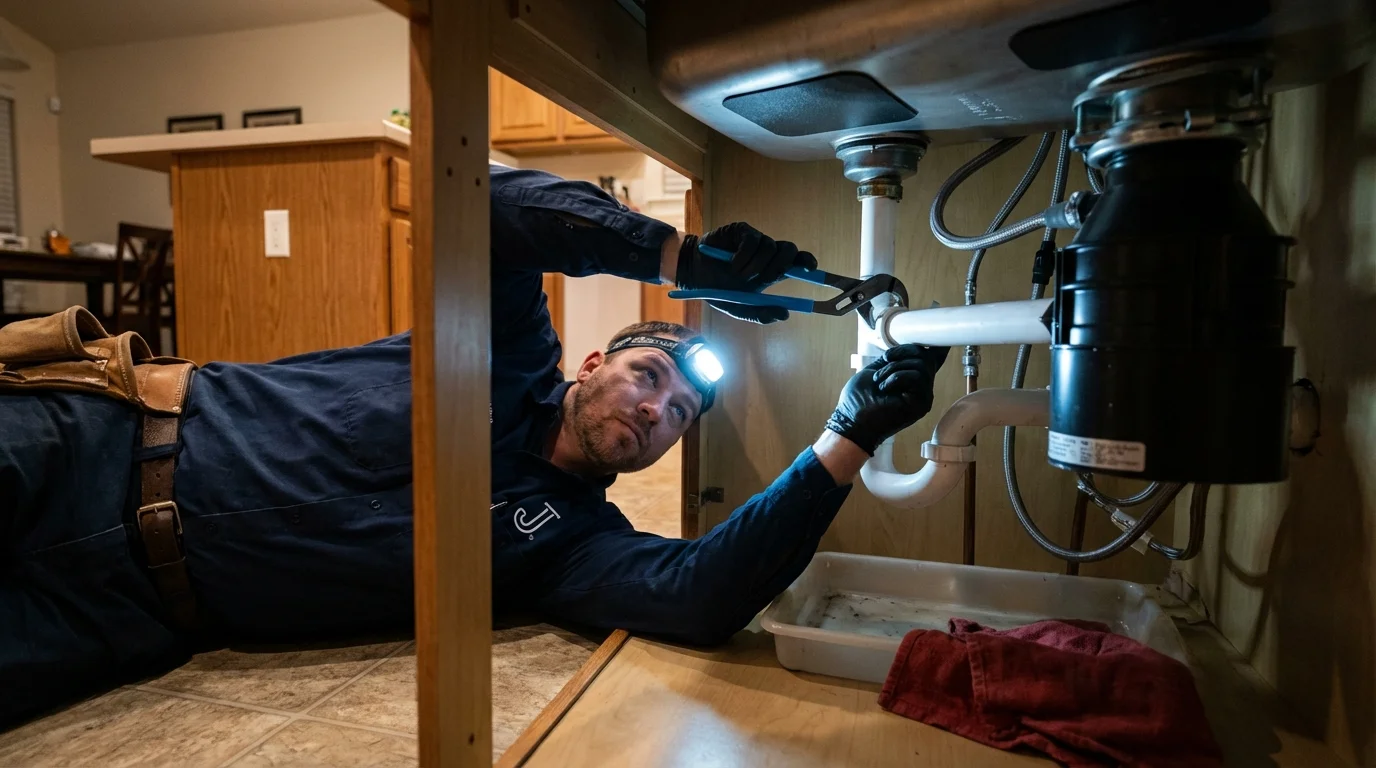 P-trap and supply line connections under a kitchen sink showing a common leak point in North Baltimore, OH